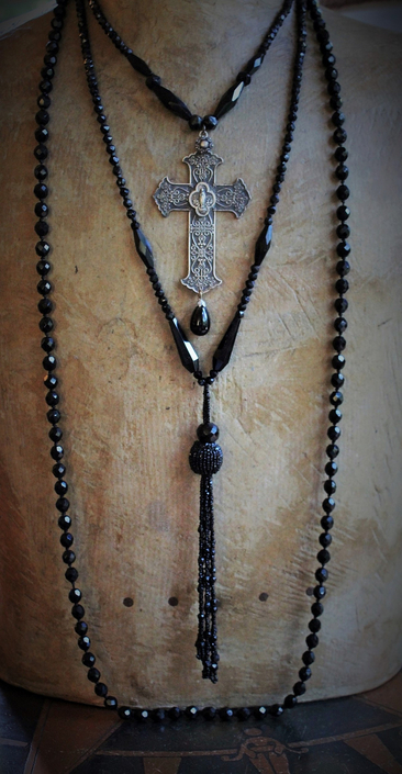 Antique Faceted Black Bead Trio Necklace Set w/RARE Antique French Marian Cross, Antique Faceted Black Bead Tassel