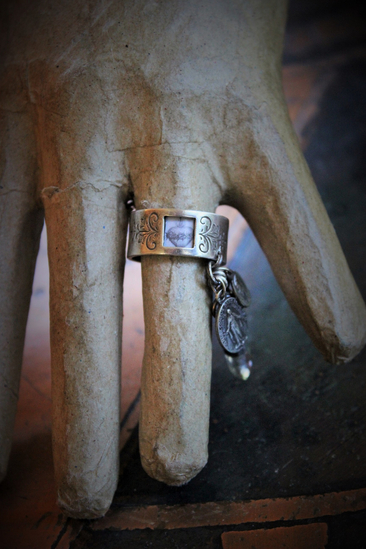 Sterling Artisan Band with Inset Antique Sacred Heart Holy Card Image, Antique French Marian Medal,Vintage Sterling Cross,Silver Capped Rock Quartz Point,Antique Our Lady of Lourdes Medal