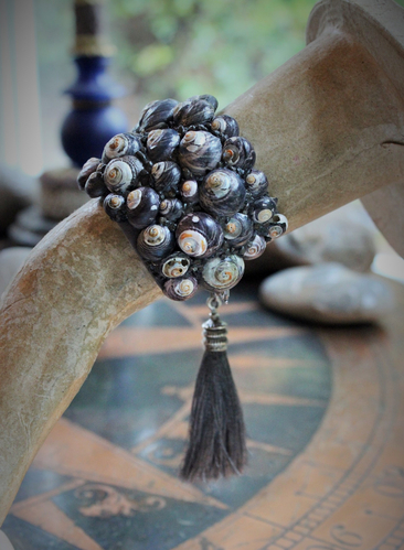 The Sea Cuff & Earring Set w/Found Shells, Sterling Chain, Dark Grey Silk Tassel, Sterling Earring Wires