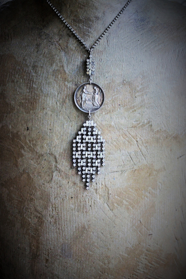 Love is Sufficient Necklace w/Antique French Union Monogrammed Medal,Antique Faceted Rhinestone Findings,Antique Faceted Rhinestone Chain,Sterling Belcher Chain Extensions