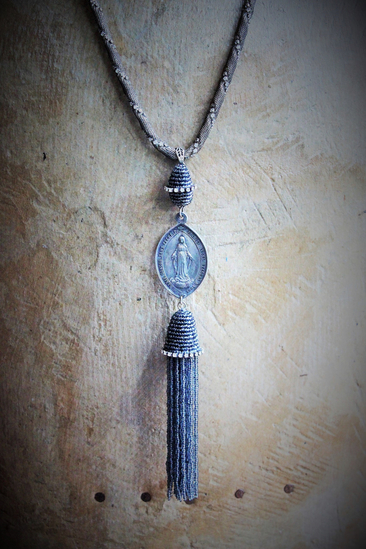 Antique French Marian Necklace w/Unique Antique Mesh and Wrapped Faceted Rhinestones,Vintage Faceted Bead  & Rhinestone Tassel & Finding