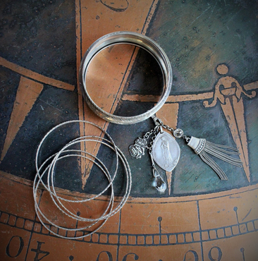 Set of 6 Antique Sterling Stacking Bangle Bracelets w/Rare Antique French Engraved Our Lady Medal,Antique Faceted Rock Crystal Tear Drop,Antique French Paste Connector & More!