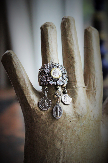 Unique Faceted White Topaz Ring w/Antique French Medals,Antique Bezel Set Rock Crystal Connector