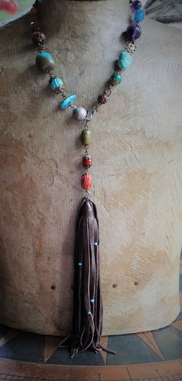 Gemstone Lariat Necklace w/Turquoise, Malachite, Amethyst and More, Artisan Made Butter Soft Dark Brown Tassel, Hand Wrought Sterling Hook