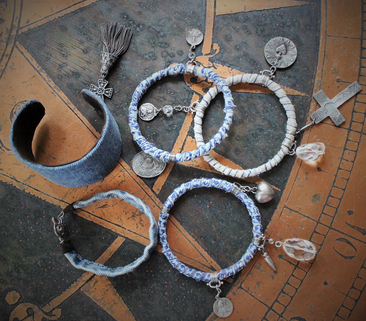 Stacking Distressed Denim, Kantha & Leather 5 Bangle Set w/Engraved French Mater Amabilis Cross,Flaming Sacred Heart Medal,Sterling 4 Way Cross & Tassel + More!