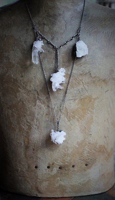 Clear Evidence Necklace w/Amazing Clear Rock Quartz Clusters, Antique Sterling & Rolo Chain,Sterling Bar Link Connector