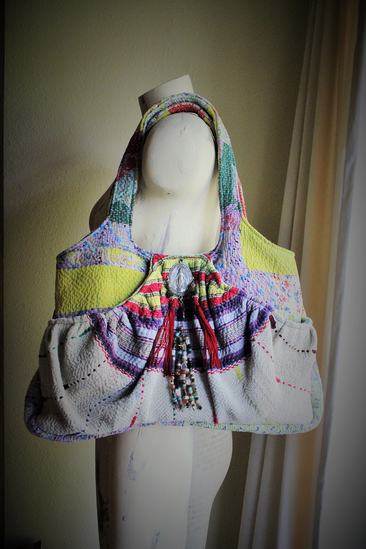 ALTaeRation Designs Antique Kantha Handbag w/Antique Marian Medal, Multi Gemstone Tassel,Antique Enamel Beads, Silk Tassels - and Matching Cosmetic Bag!