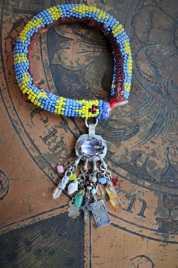 The Empress Bracelet w/Antique Beaded Nomadic Gypsy Cuff,Sterling The Empress Tarot Medal, Large Faceted Amethyst,Tiny Rock Quartz Point & Much More!