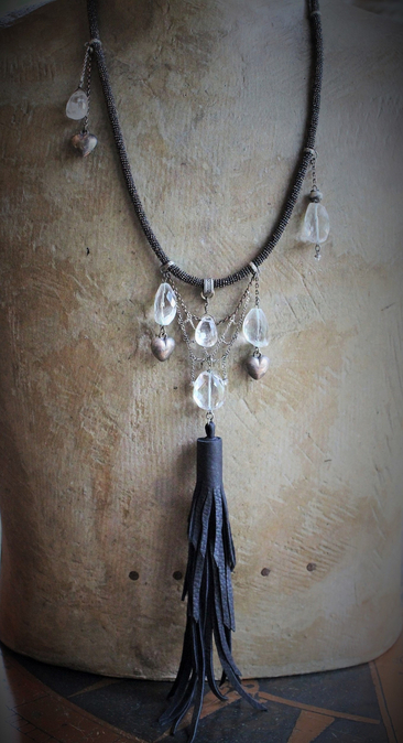 I will Always Lean my Heart Necklace w/Faceted Rock Crystal Stones & Drops, 3 Antique Puffy Hearts, Artisan Leather Tassel and Chains