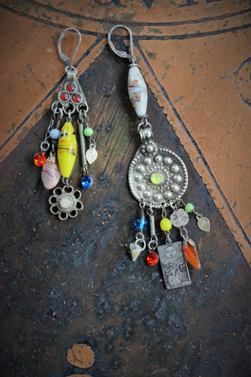 Asymmetrical Gypsy The Sun Earrings w/Antique Kuchi Gypsy Findings,Sterling The Sun Tarot Medal,Antique Hand Blown Mardi Gras Beads & More!