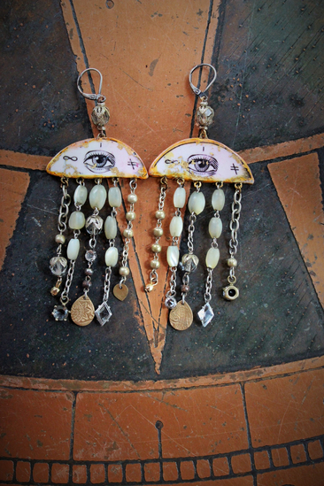 All Seeing Eye Asymmetrical Earrings w/Antique French Mother of Pearl Rosary Bead Fragments, Antique Art Deco Rock Crystal Drops, Bronze Tear Drops & More!