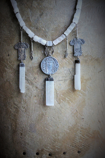 Your Strength Again Moon Goddess Necklace with Hand Cut Selenite Beads, 3 Goddess Medals,Antique Sterling Filigree Drops,3 Capped Selenite Spears