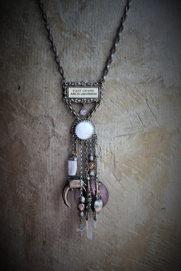The Druidess Necklace with 1916 Druidess Badge, Antique Link Chain, Sterling Quartz Point & Crescent Moon Sceptor, Antique Moon Glow Cabochon & Much More!