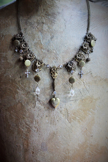 Antique Etruscan Findings & 7 Opening Lockets Necklace with Antique Faceted Rock Crystal Drops, Antique Faceted & Prong Set Rhinestone Crosses and More!