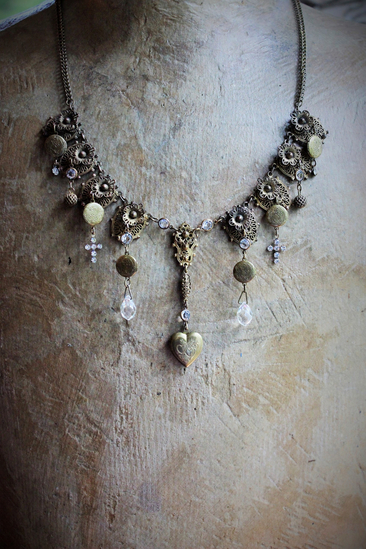 Antique Etruscan Findings & 7 Opening Lockets Necklace with Antique Faceted Rock Crystal Drops, Antique Faceted & Prong Set Rhinestone Crosses and More!