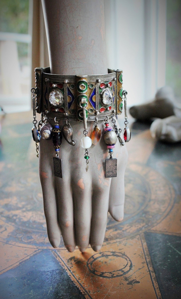 NEW! Antique Kuchi Gypsy Cuff Bracelet with 4 Sterling Tarot Medals, Antique Art Glass Bead &  Findings, Multiple Drops & Dangles