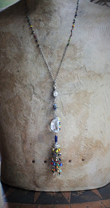In Your Light Necklace with Faceted Rock Crystal Pendant,Antique Glass Bead Findings & Tassel,Antique Kuchi Faceted Crystal Connector,Sterling Link Chain
