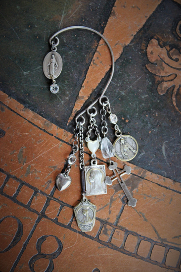 Sterling Ear Cuff with Antique French Medals, Antique Faceted Rock Crystals,Faceted Rock Crystal Bead,Tiny Antique Sterling Puffy Heart & More!