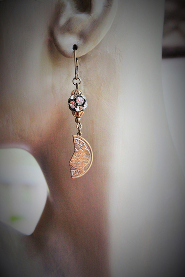 Antique Mizpah Earrings with Antique Mizpah Coin Halves, Antique Prong Set Faceted Rhinestone Findings & 14K Gold Fill Earring Wires