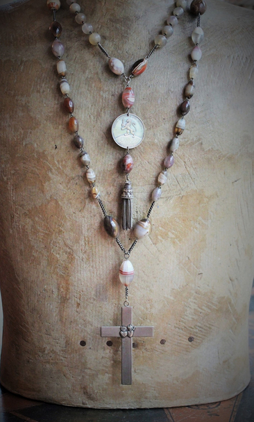Spreading Light Necklace Set w/Rare Antique Scottish Banded Agate Rosary Chain, Antique French Sacred Heart Cross and Rare Antique 1844 Penin Lion Medal