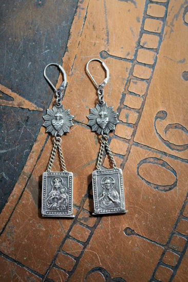 Rare Antique Sterling Scapular Medal Earrings w/Antique Sacred Heart Medals, Sterling Leverback Earring Wires