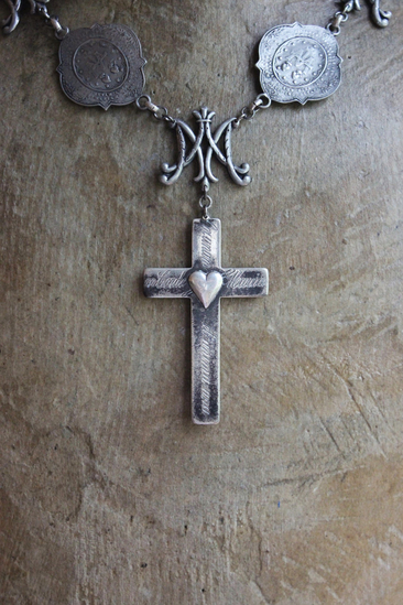 One Heart One Soul Necklace with RARE Engraved French Sterling Cross, Scrolled Initial AM Medals, Double Sacred Heart Marian Medals