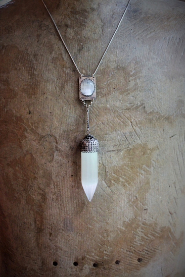 The Light of the Stars Necklace with Unique Selenite Point, Sterling Selenite Cabochon Finding, Sterling Chain