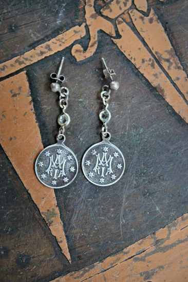 Sterling Ave Maria Earrings w/Matching Initials AM Maria Medals,Antique Bezel Set Crystal Connectors,Vintage Sterling Ball Posts