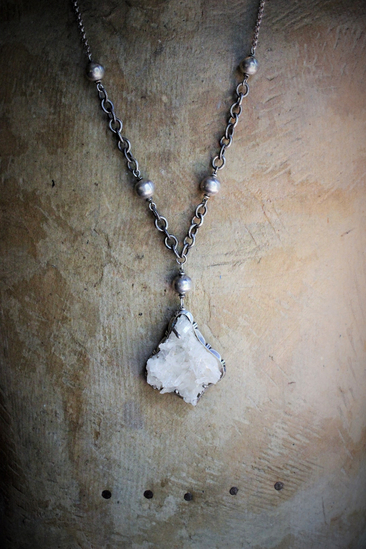 Vintage Taos Artisan Sterling Quartz Cluster Pendant Necklace with Sterling Beads, Chain & Clasp