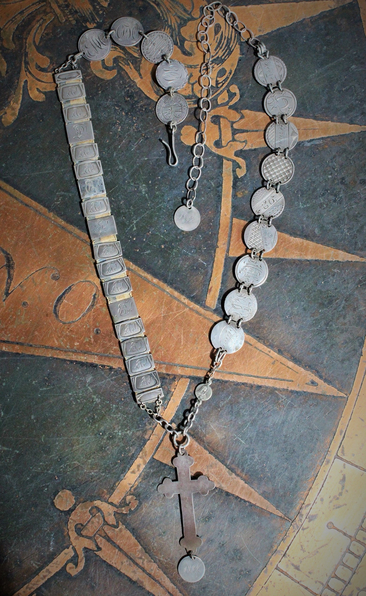 Scribe of the Soul Necklace with Amazing OOAK Antique Love & Friendship Tokens, Antique French Blank Nun's Cross,Tiny Antique Sacred Heart of Mary Connector