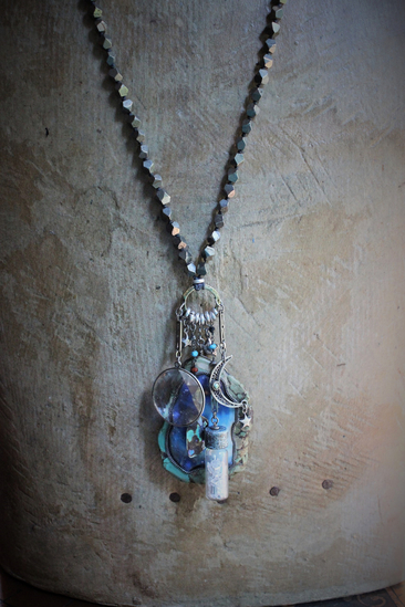 Space. Light. Moon. Stars. Necklace with Sterling Stars, Sterling Crescent Moon, Faceted Crystal Bottle, Cosmic Turquoise Slab Pendant