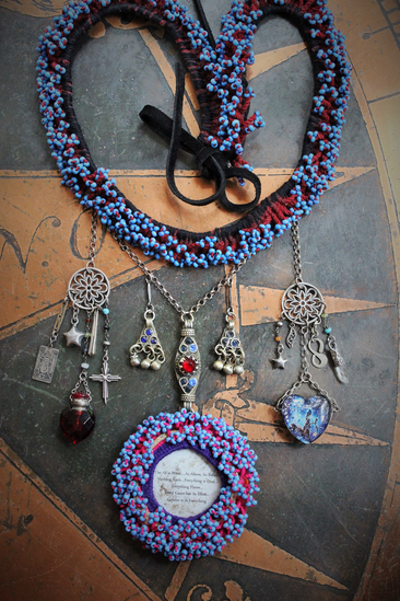 The 3 Initiates Necklace with Antique Beaded Kuchi Gypsy Trim and Medallion,Pillars of Creation Glass Heart,Sterling The Hierophant Tarot Medal & Much More!