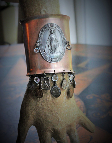 Wide Vintage Italian Bronze Cuff with Signed Marian Medallion,Antique French Medals,Vintage Prong Set Faceted Crystals & Sterling Cross