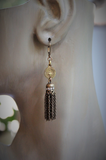 NEW! Antique Flaming Sacred Heart Earrings with Unique Rhinestone Chain Tassels & Gold Fill Earring Wires