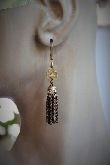 Antique Flaming Sacred Heart Earrings with Unique Rhinestone Chain Tassels & Gold Fill Earring Wires