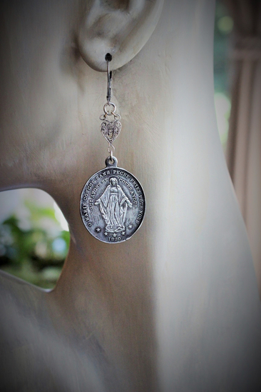 Marian Earrings with Antique Sterling Filigree Heart Rosary Connectors,French Marian Medals,Sterling Leverback Earring Wires