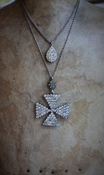 AMAZING Antique Georgian Paste Cross & Tear Drop Necklace Set with Sterling Chains