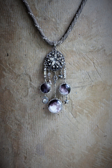 The Moon & Fire Within Necklace with Antique Mesh Chain,Moon Phase Orbs,Tiny Antique Moon & Stars