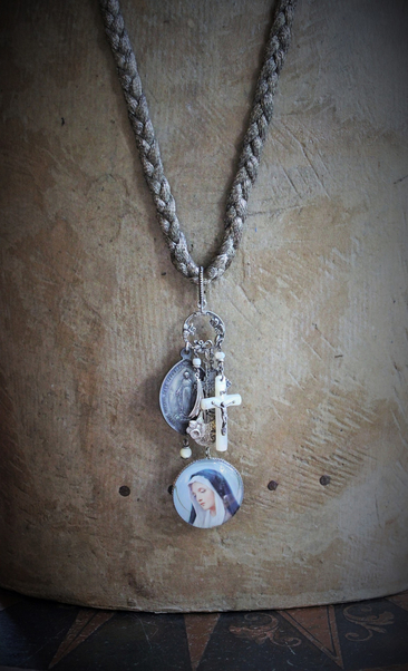 Hope and Love Necklace with Antique French Braided Chain,Glass Holy Card Marian Pendant,Antique Engraved "Mary" Love Token,Engraved "Fill my Heart with your Love" Cross & More!