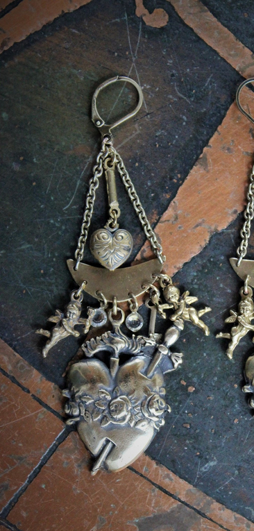 Cast Bronze Flaming Sacred Earrings with tiny Cherubs, Crystals, and Puffy Hearts