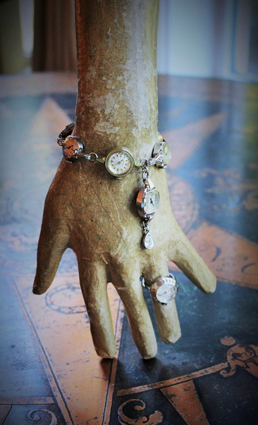 Circle of Time Bracelet and Ring Set with 7 Vintage & Antique Watches, Vintage Faceted Tear Drop & Sterling Toggle Clasp