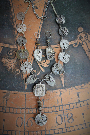 The Fabric of Time Necklace & Earrings Set with 16 Antique Watch Parts,Antique Gear & Gasket Connectors, Antique Chain & Clasp