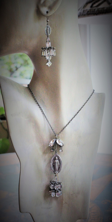 Antique Marian Necklace & Earrings with Amazing Antique Rhinestone Drops,Antique Marian Medals, Sterling Chain & Clasp