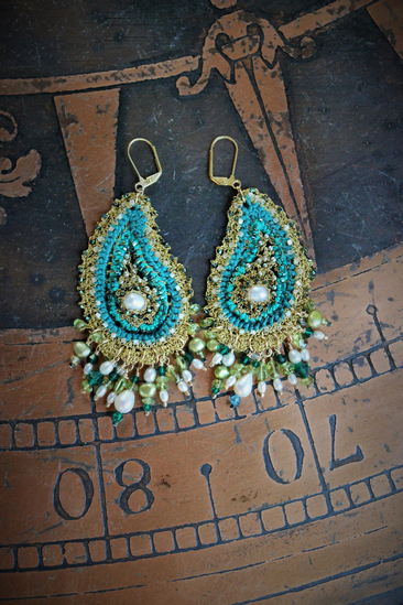 Amazing Intricately Crocheted Peridot, Pearl and Crystal Paisley Earrings