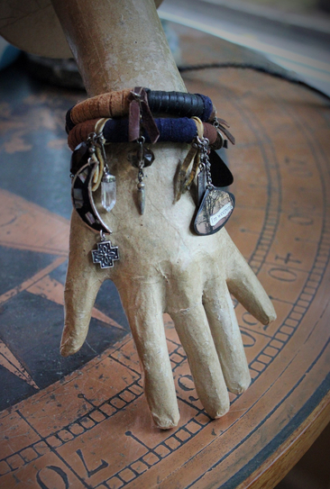 I am Weeping Bracelet Set with Leather Ties & Antique Buttons,Sterling Tarot Medal,Capped Quartz Point,Sterling Inlay Crescent Moon,Sterling Cross & More! 