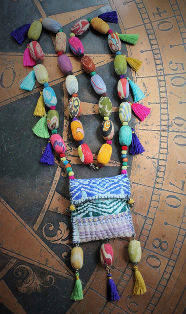 Joy is Prayer Necklace with Antique Kantha Wrapped Beads,Silk Tassels,Hand Stitched Kantha Pouch,9 Antique Watch Part Vessels with Prayer Scrolls