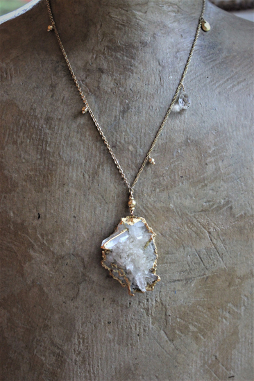 The Truth Necklace with Amazing Rock Quartz Cluster, Antique Faceted Tear Drop, Gold Fill Beads, Gold Fill Chain