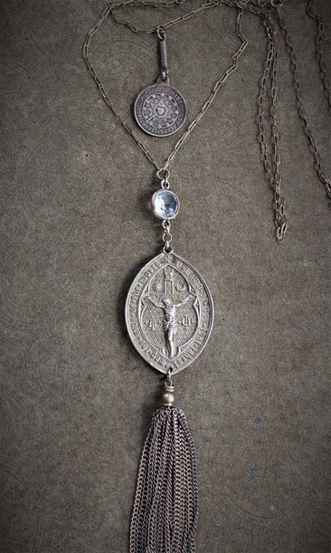 Agnes Dei & Chalice Necklace with RARE 1826 Rose Bronze Medal, Antique French Rose Bronze Sacred Heart Medal, Antique Bezel Set Rock Crystal Connector & Chain Tassel