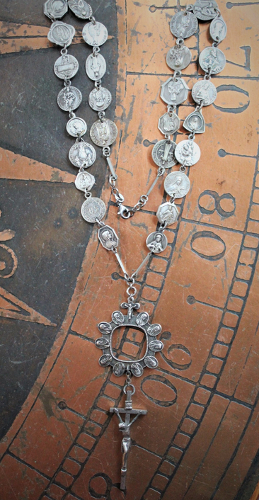 NEW! Antique French Medal Chain Necklace with Rare Antique Sterling Thumb Rosary & Crucifix