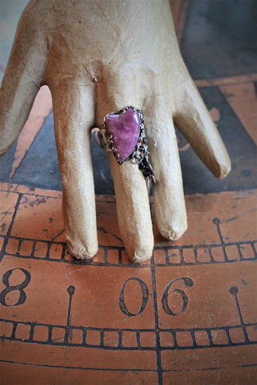 Artisan Sterling Natural Ruby Sacred Heart Ring with Miniature Antique French Medals & Celtic Cross - Size 10